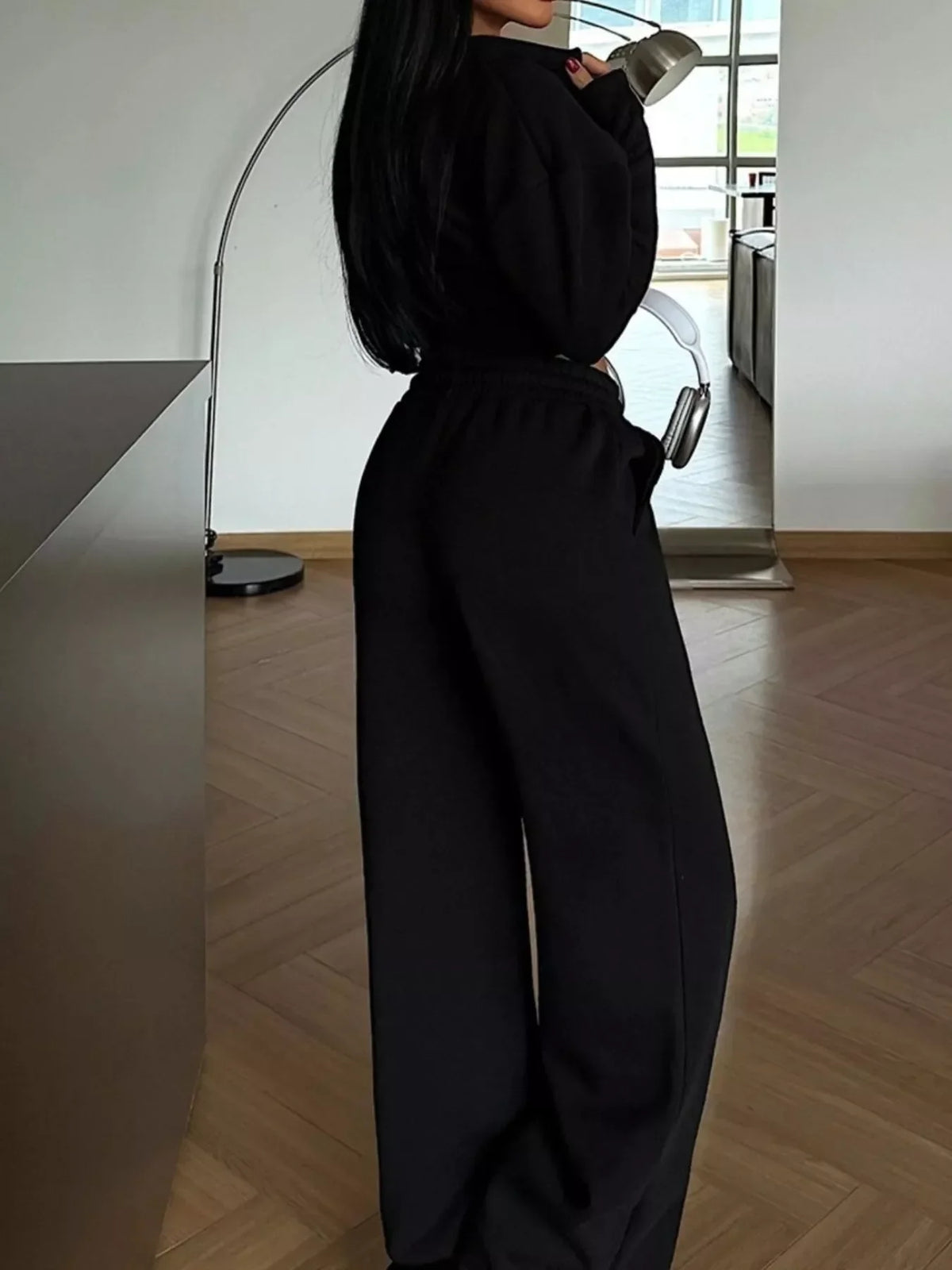 Zip-Up Crop Jacket and Wide-Leg Pants Set