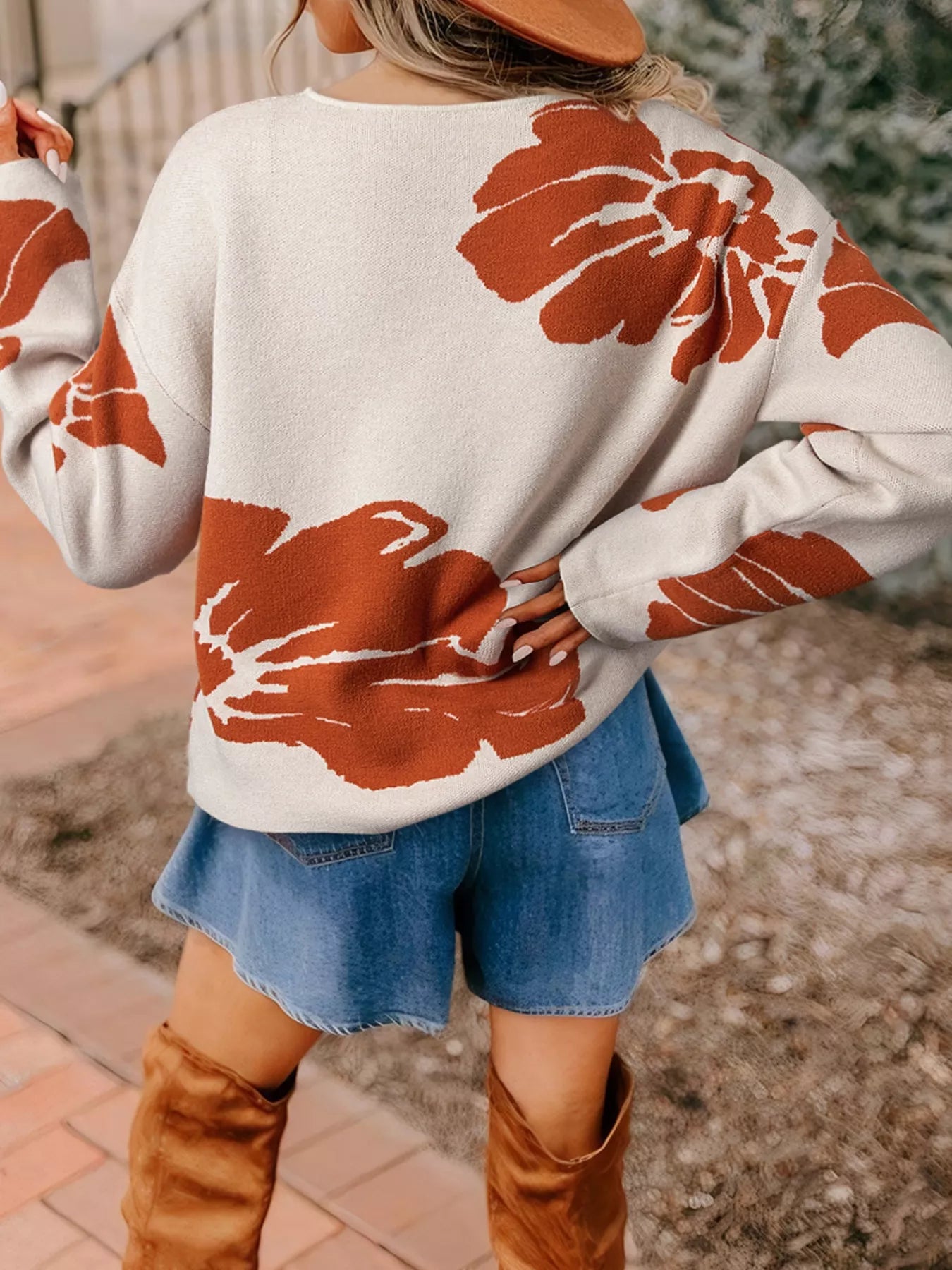 Flower Pattern Wide Sleeve Baggy Sweater