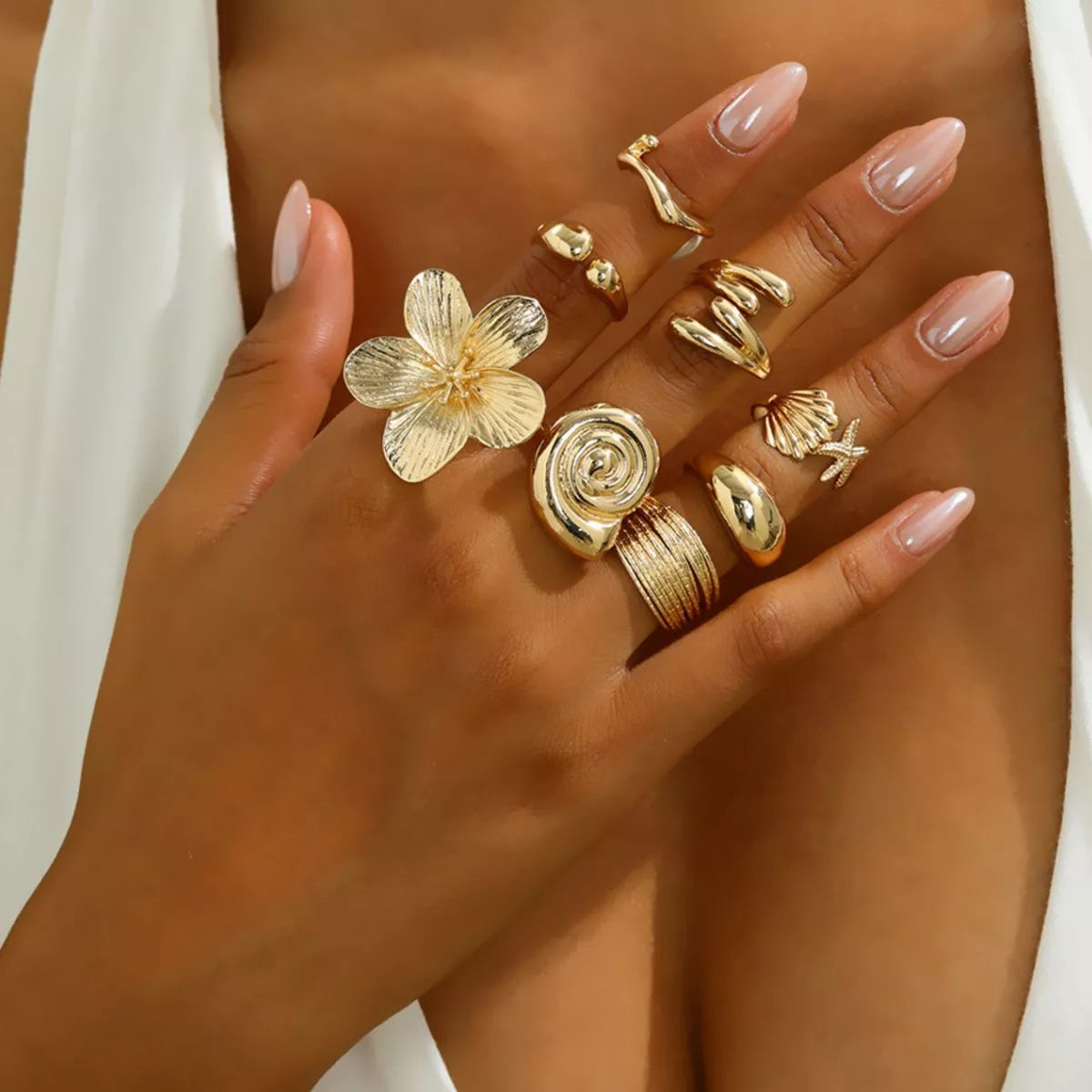 Bohemian gold flower ring set, view 4