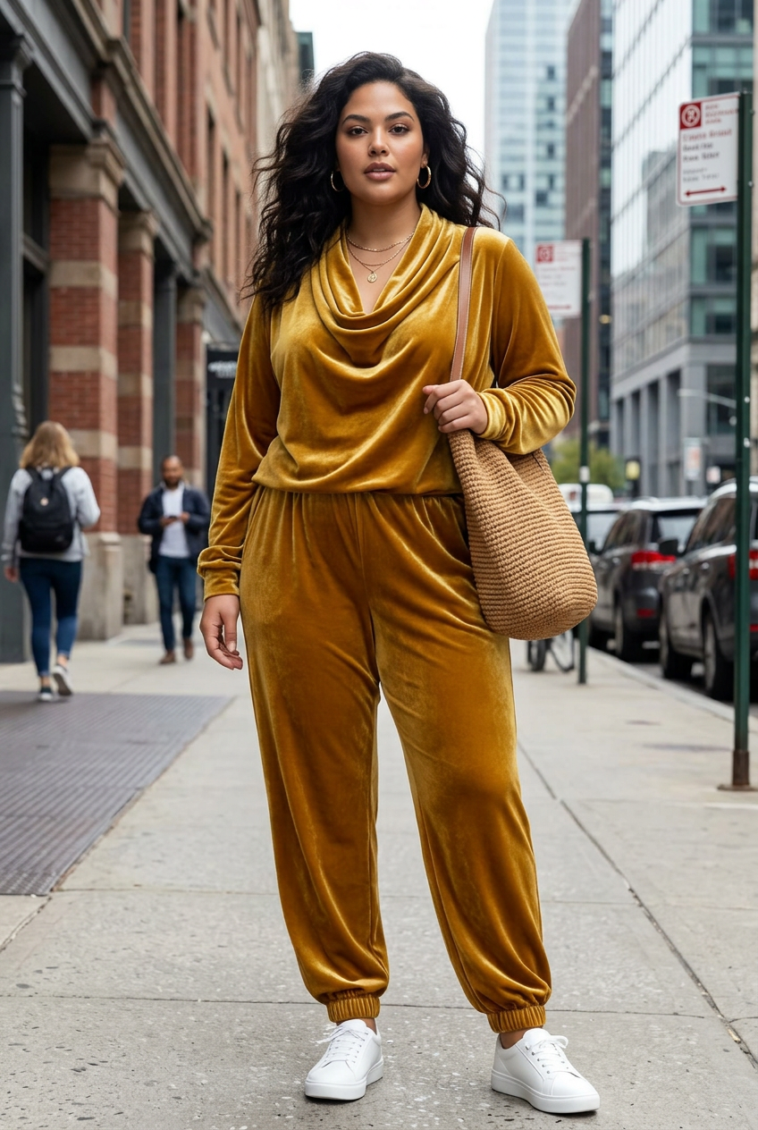 Plus size velvet cowl neck set, view 7