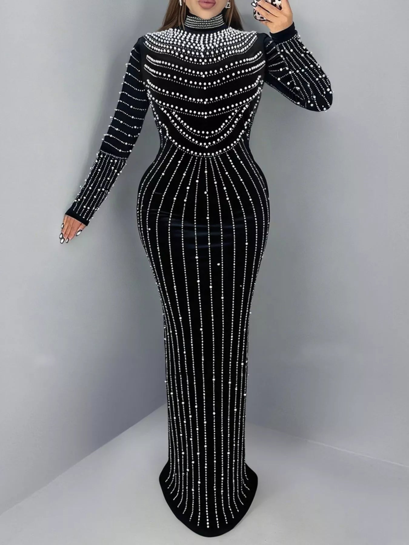 Rhinestone Embellished Mock Neck Long Sleeve Maxi Dress