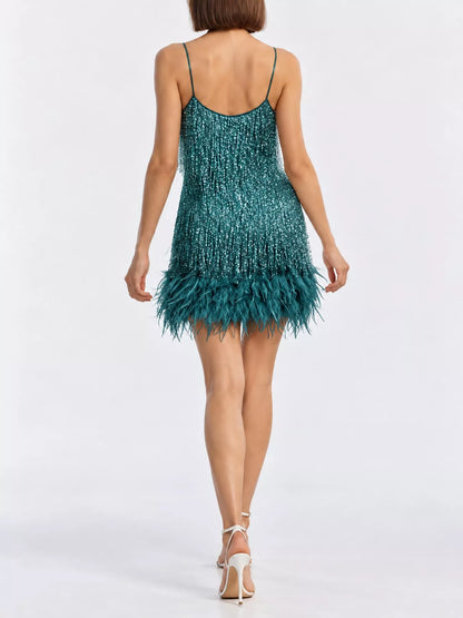 Plus Size Feather Fringe Sequin Dress for Celebrations