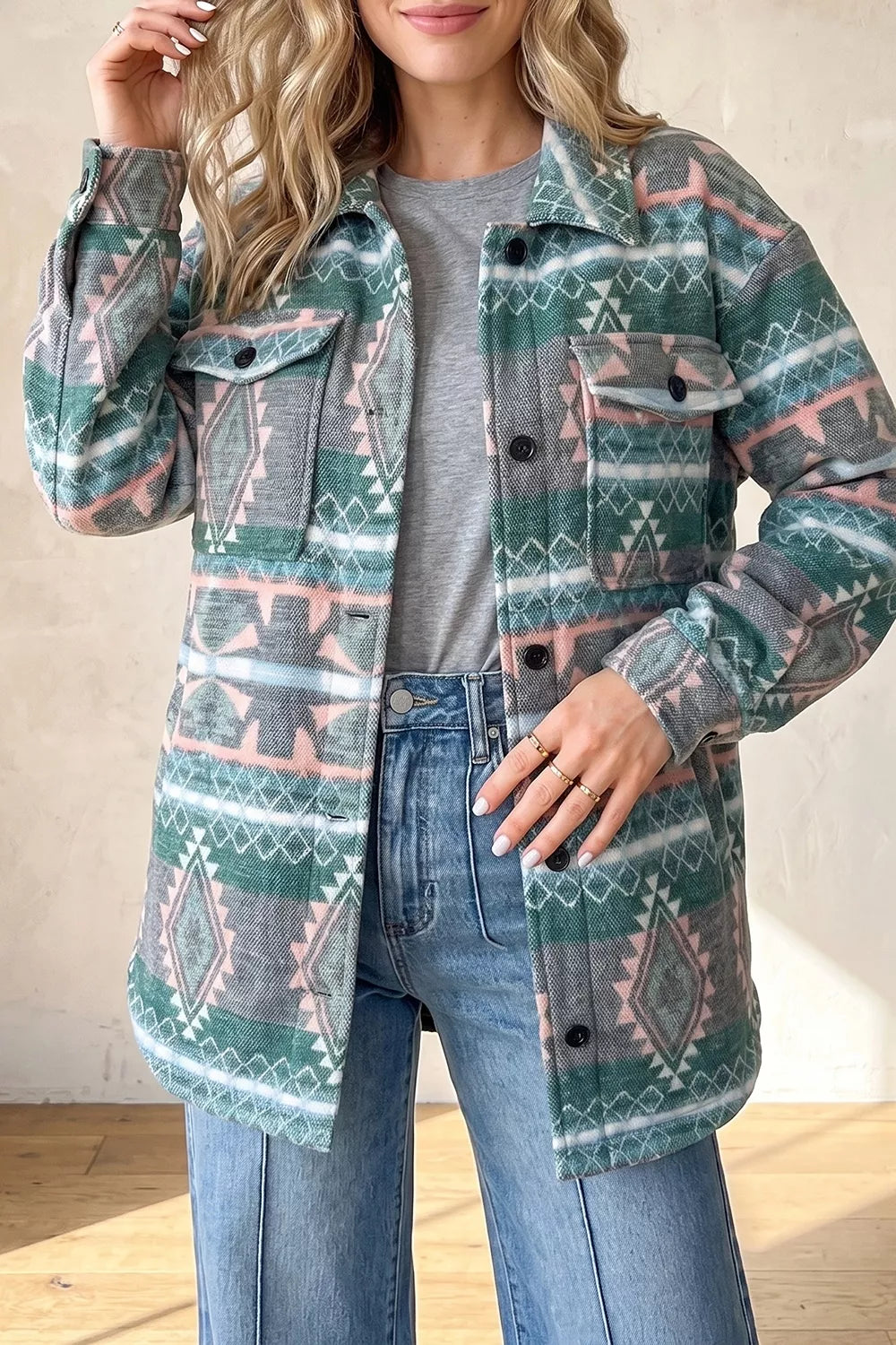 Geometric Print Button Front Long Sleeve Shacket