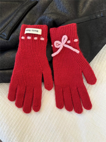 Knitted Gloves with Bow Accent