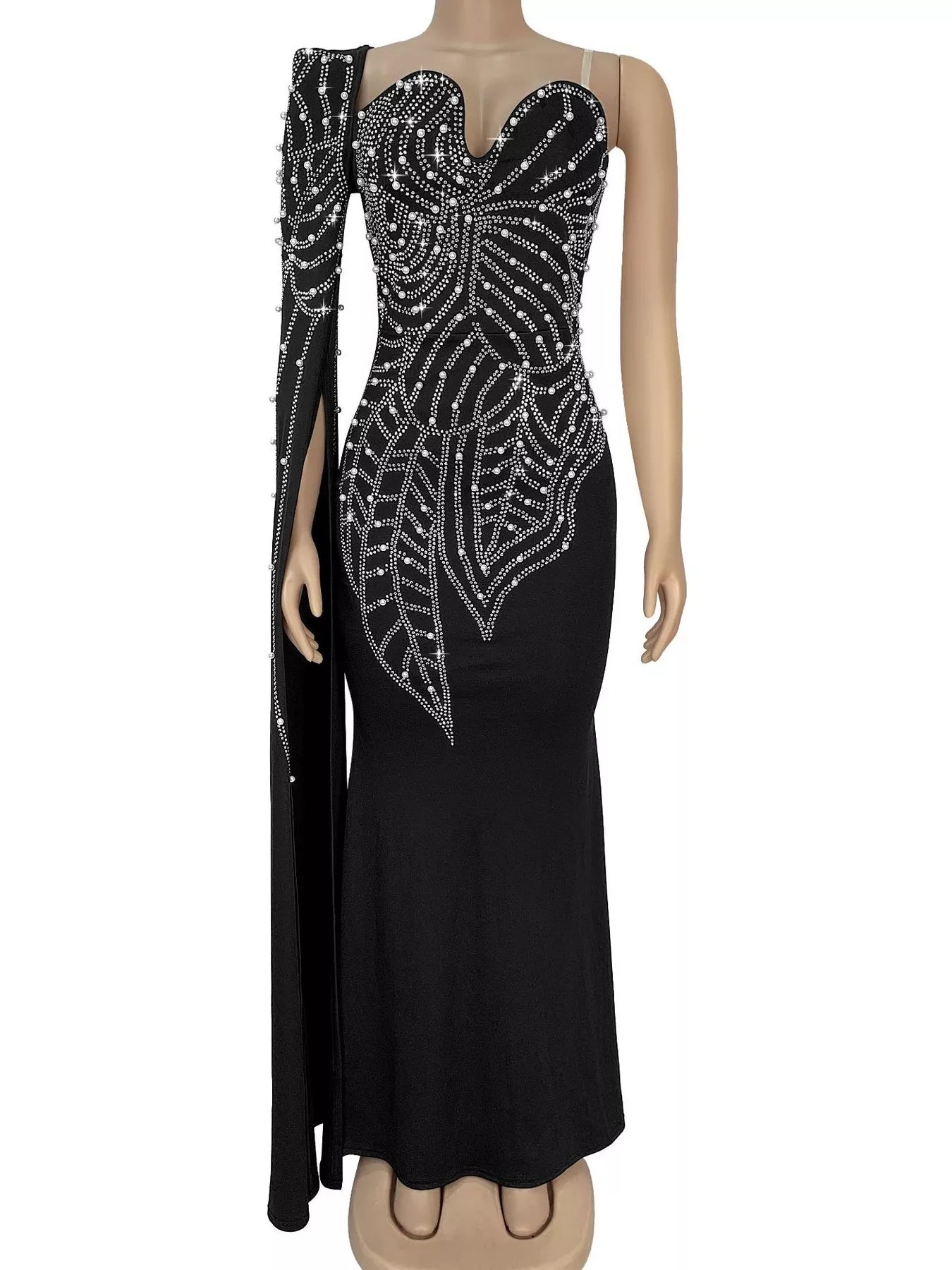 Rhinestone Pearl Detail One-Shoulder Mermaid Maxi Dress