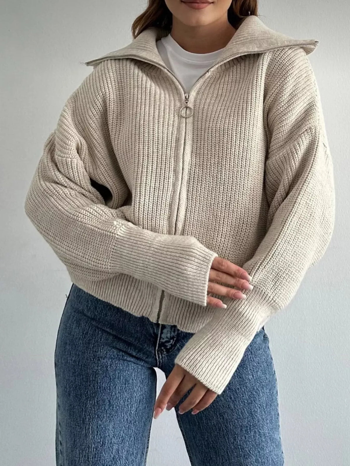 Zip Up Dropped Shoulder Cardigan