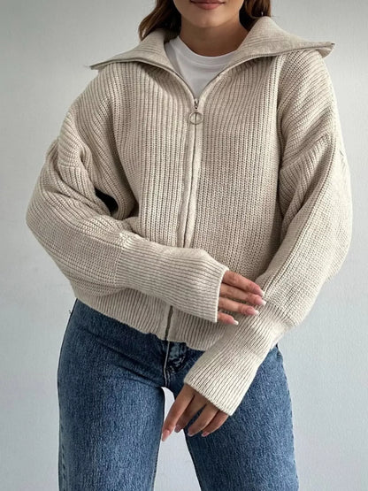 Zip Up Dropped Shoulder Cardigan