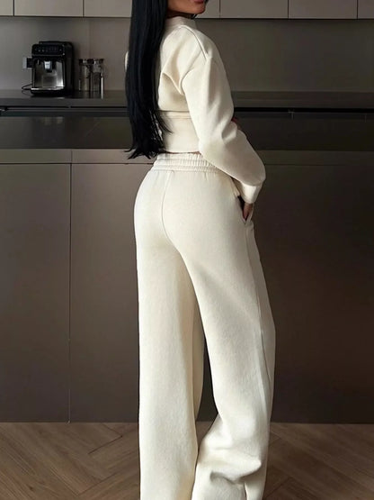 Zip-Up Crop Jacket and Wide-Leg Pants Set