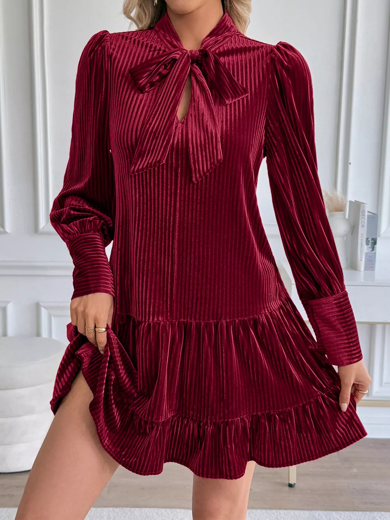 Velvet Tie Front Tiered Mini Dress