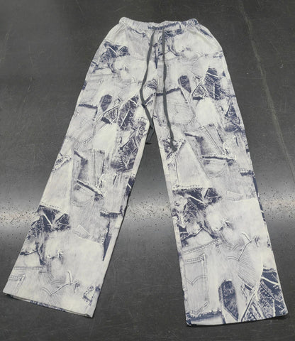 Printed Imitation Denim Loose Leg Pants