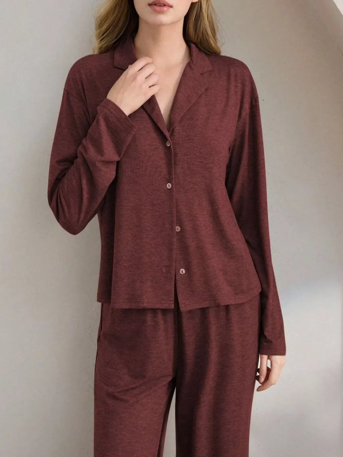 Button-Down Top and Wide-Leg Pants Lounge Set