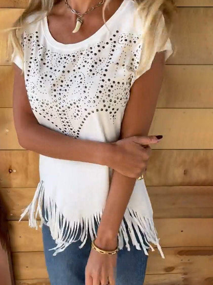 Studded Fringe Round Neck Shirt