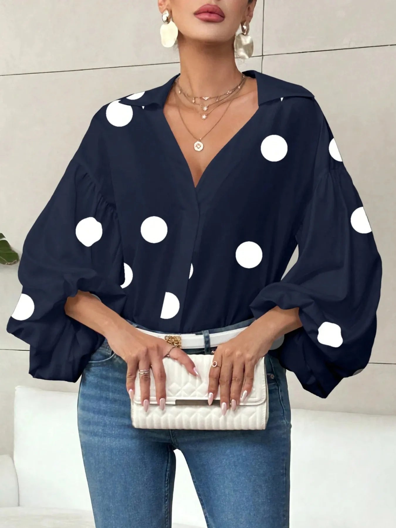 Polka Dot Balloon Sleeve Blouse
