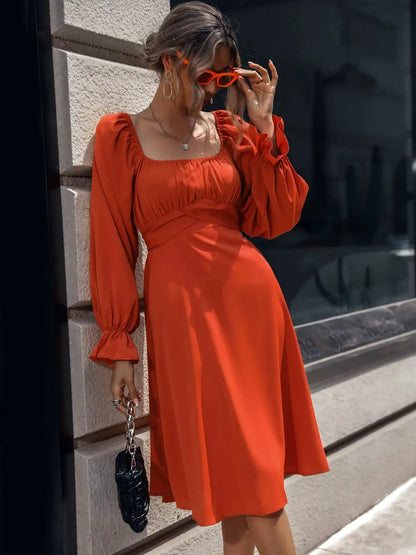 Square Neck Flounce Sleeve Midi Dress