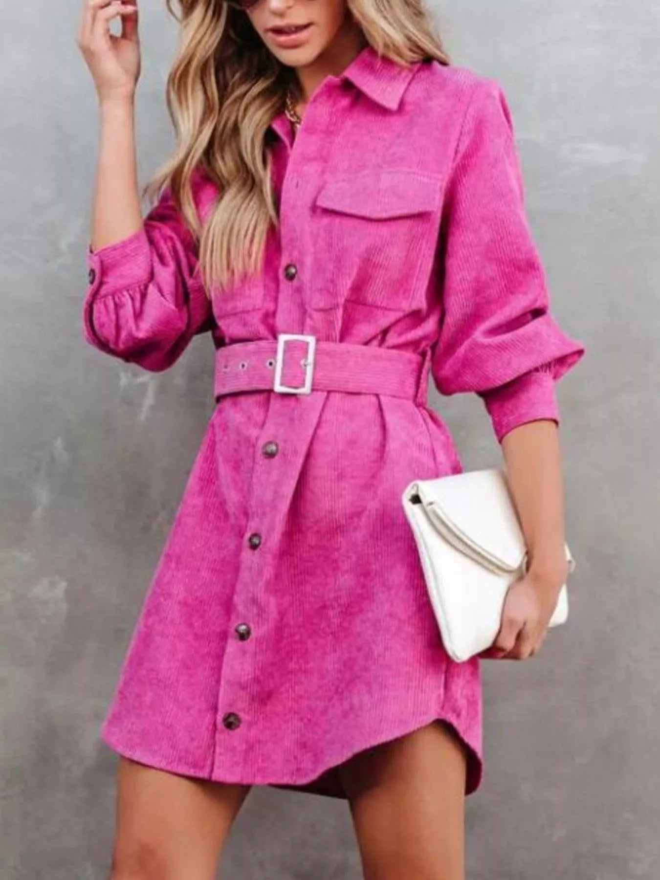 Button Front Belted Corduroy Dress