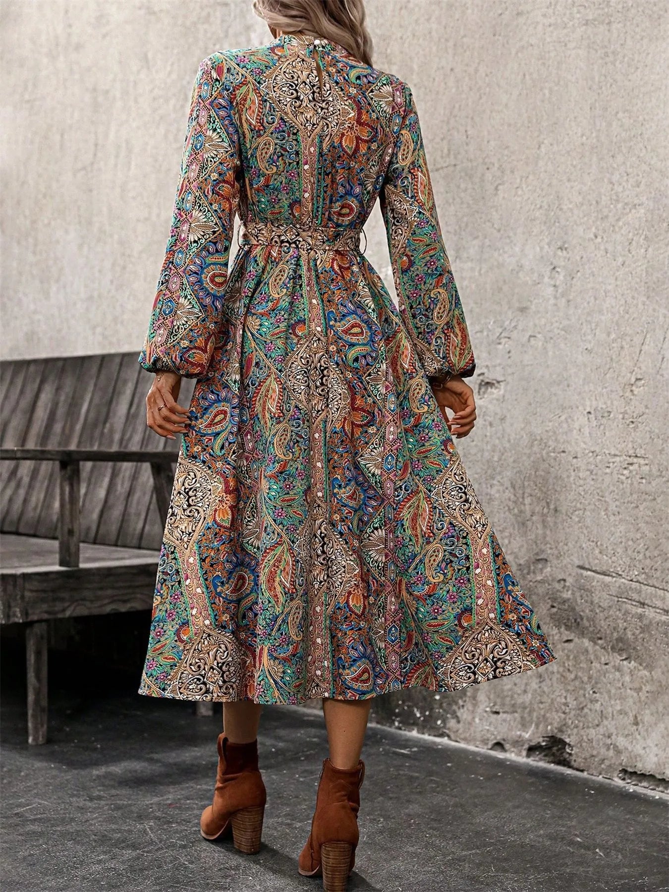 Paisley Print Long Sleeve Midi Dress