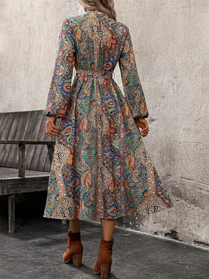 Paisley Print Long Sleeve Midi Dress