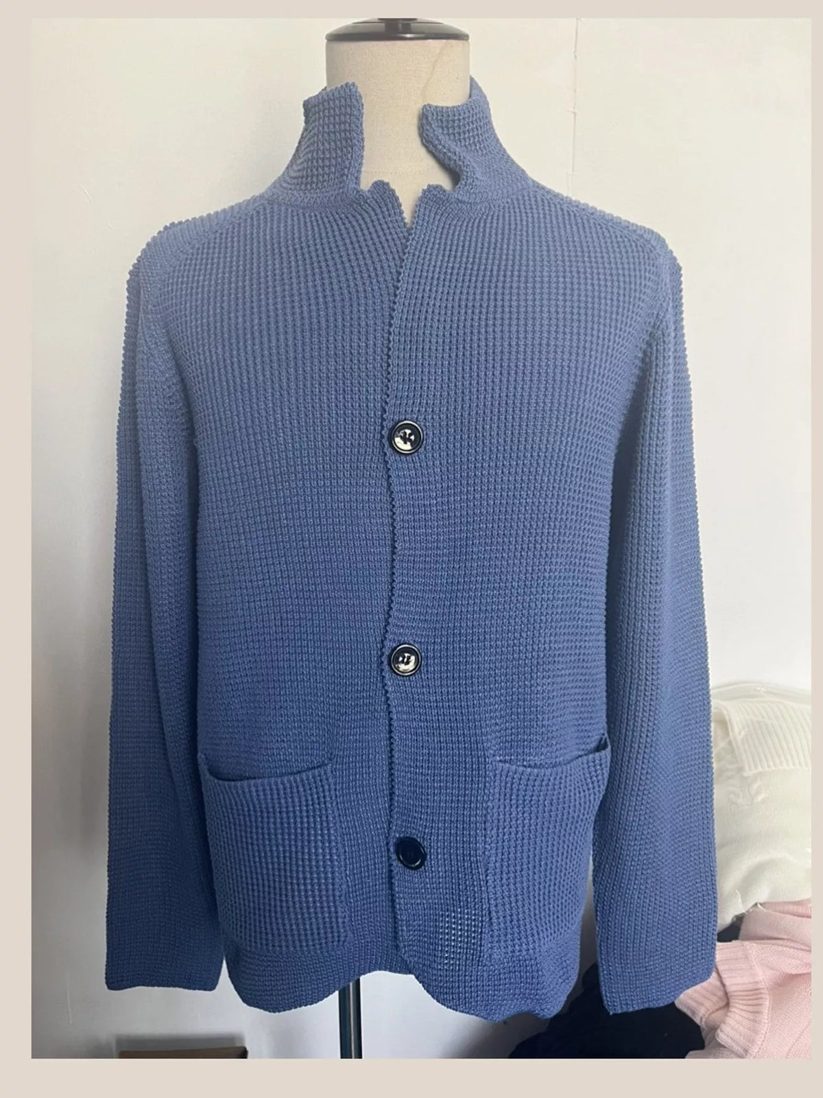 Men's knit stand-collar cardigan, view 4