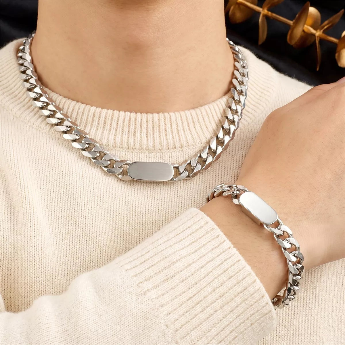 Bar chain necklace and bracelet set, view 2