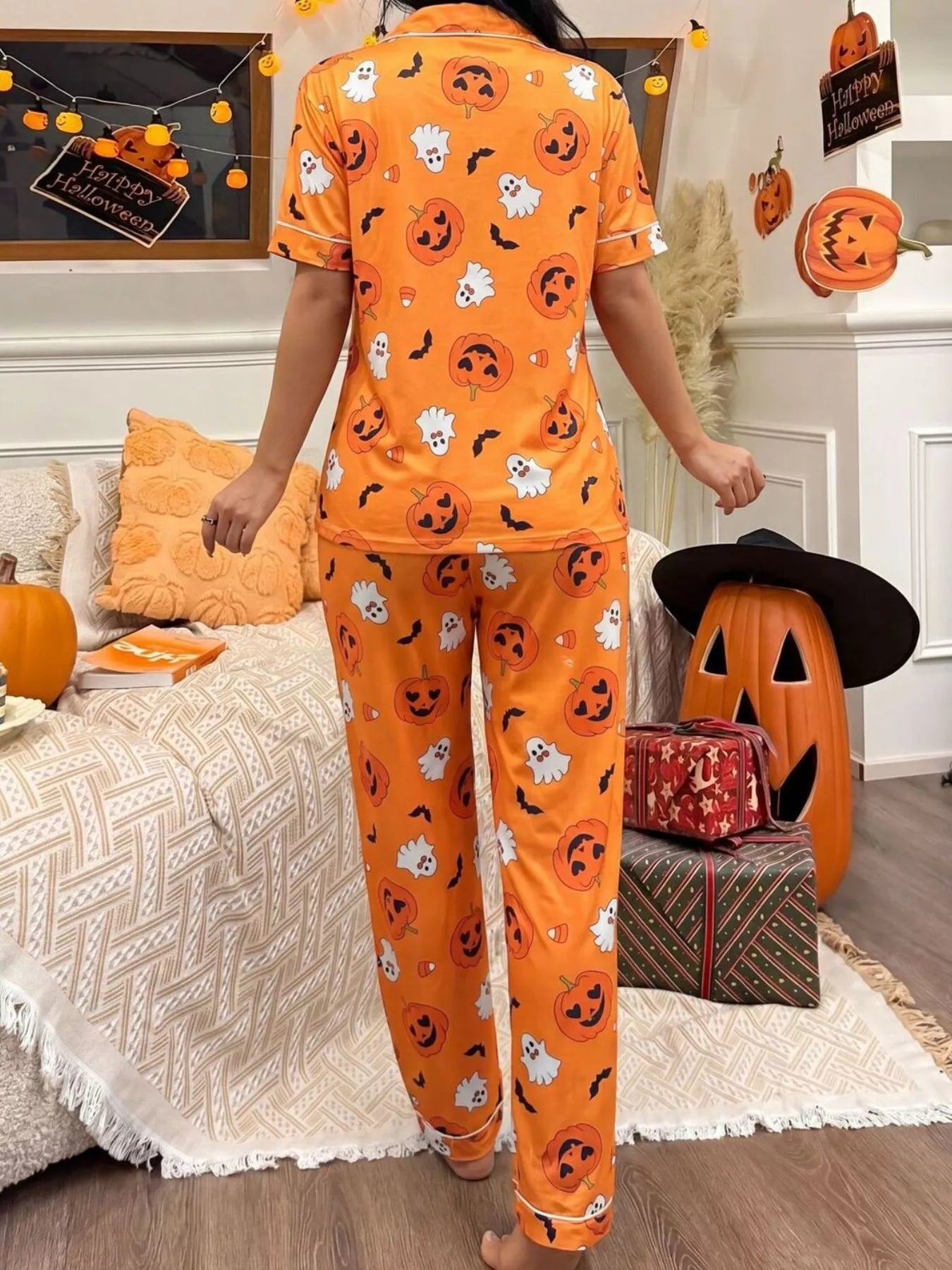 Halloween Pumpkin Print Button-Down Top and Pants Set