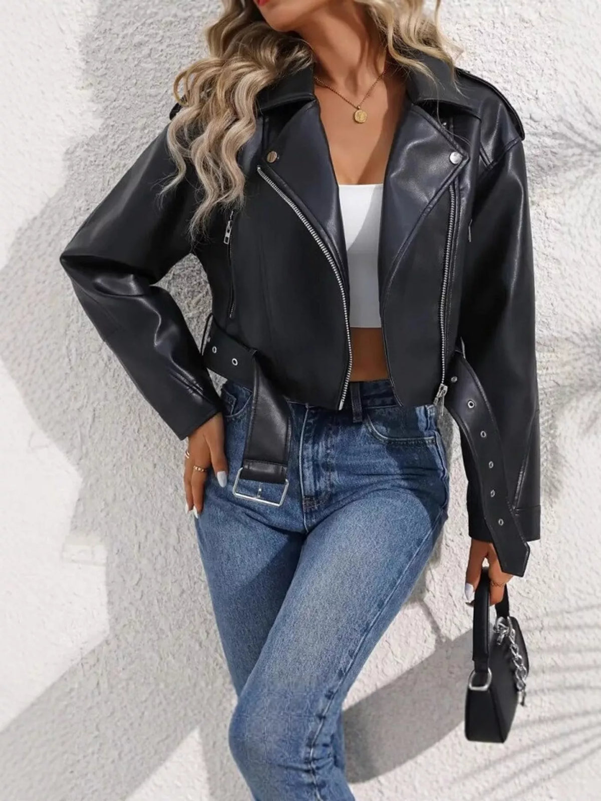 Belted faux leather zip-up jacket, view 13