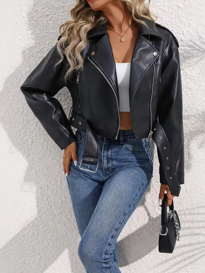 Belted faux leather zip-up jacket, view 13