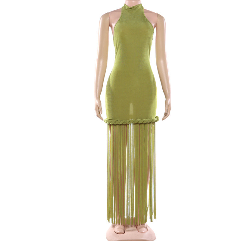Tassel hanging neck backless solid color dress