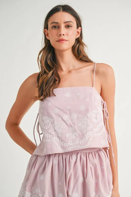 Embroidered Crop Cami Mini Skirt Set