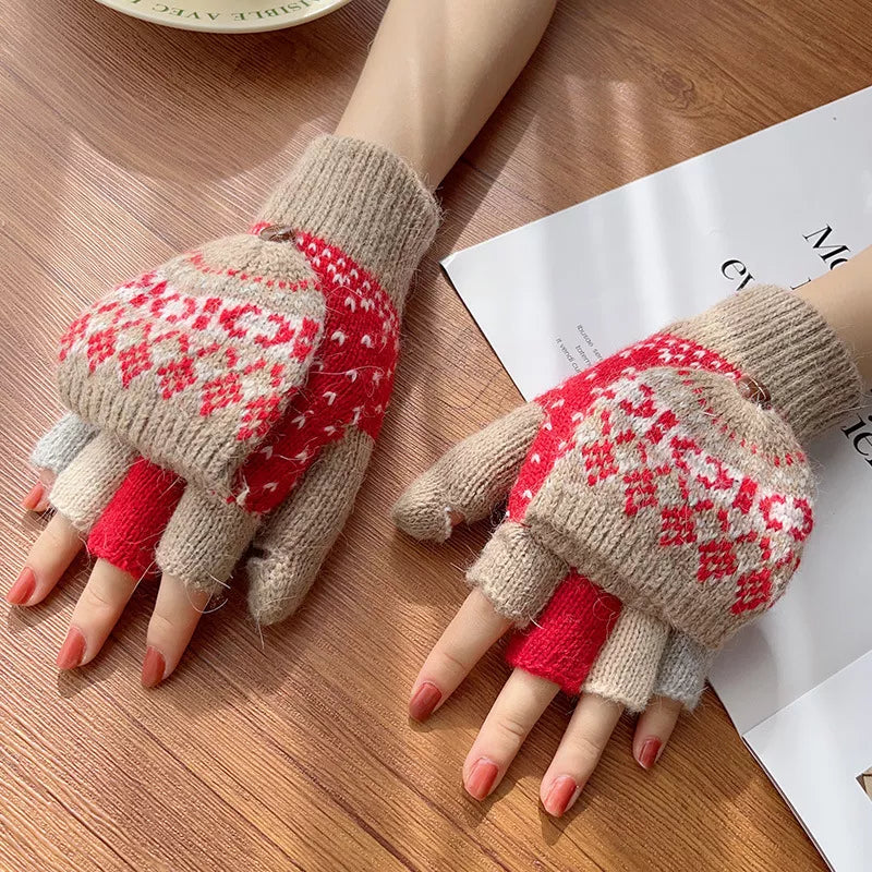 Convertible Knit Gloves with Nordic Pattern