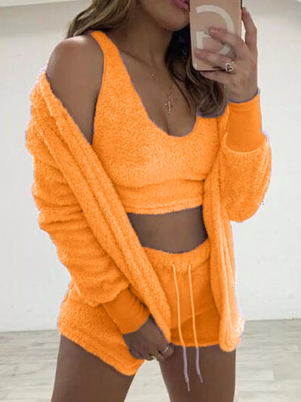 Full Size Fuzzy Tank, Cardigan and Shorts Set Plus Size