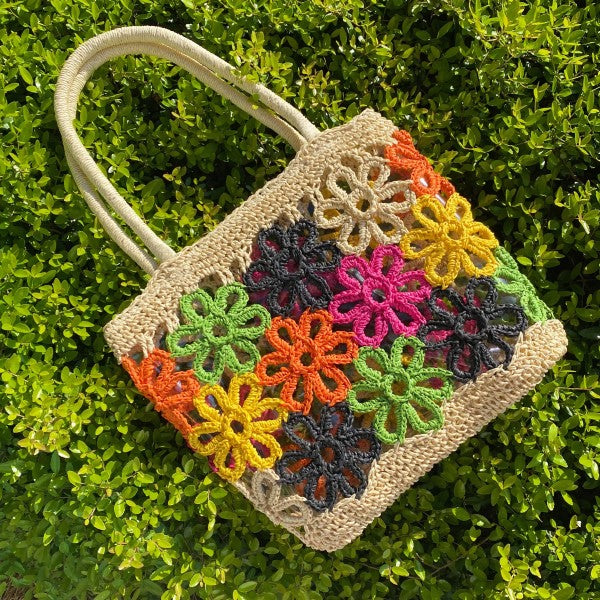 Flower power straw tote, view 7