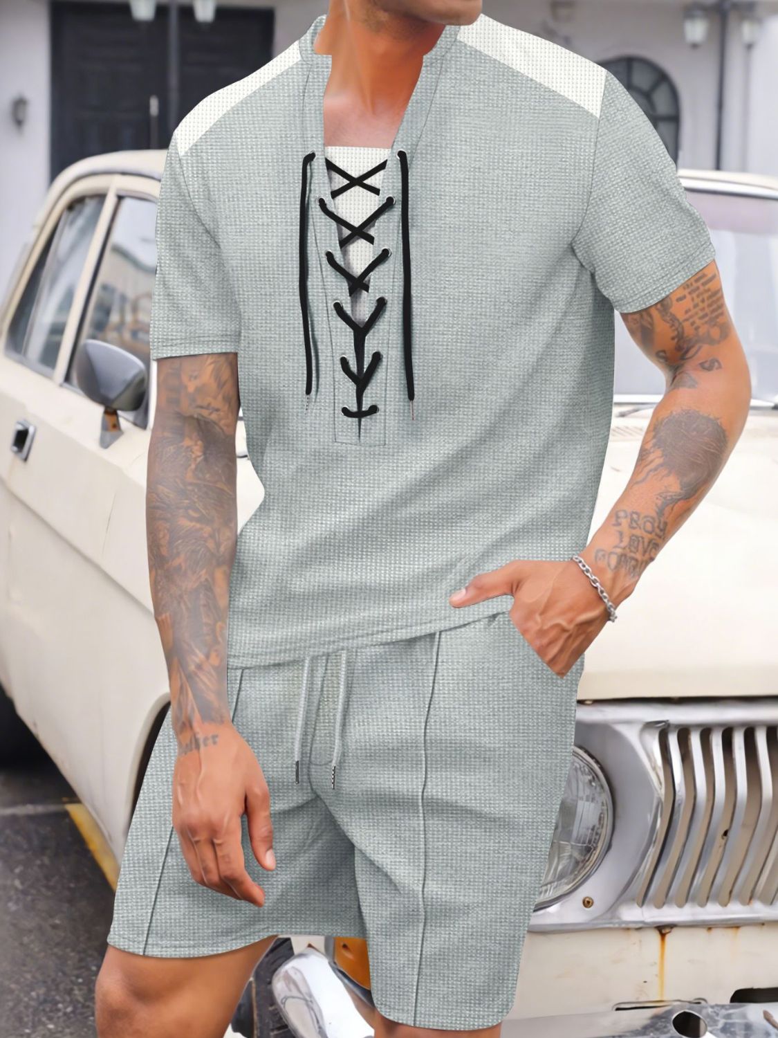 Men's Plus Size Lace-Up Knit Top Shorts Set
