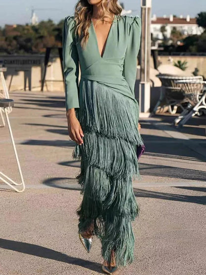 Fringed V-neck puff sleeve dress, view 4