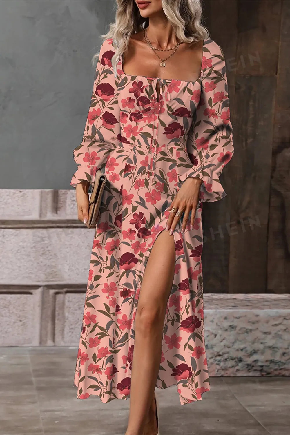 Floral Print Flounce Sleeve Midi Dress