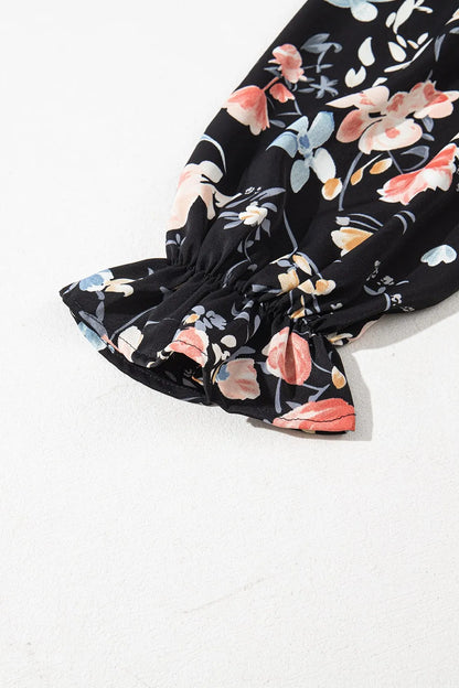 Floral Print Flounce Sleeve Midi Dress