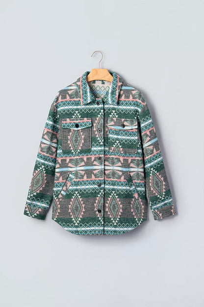 Geometric Print Button Front Long Sleeve Shacket