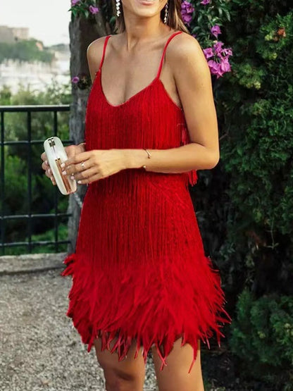 Plus Size Feather Fringe Sequin Dress for Celebrations