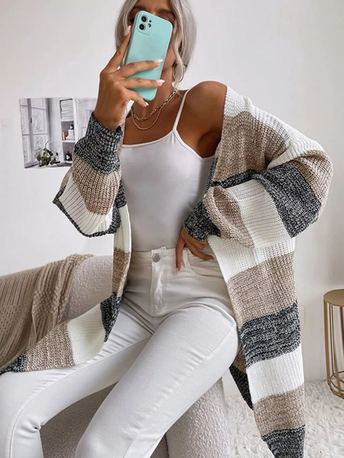 Color block open front cardigan, view 2