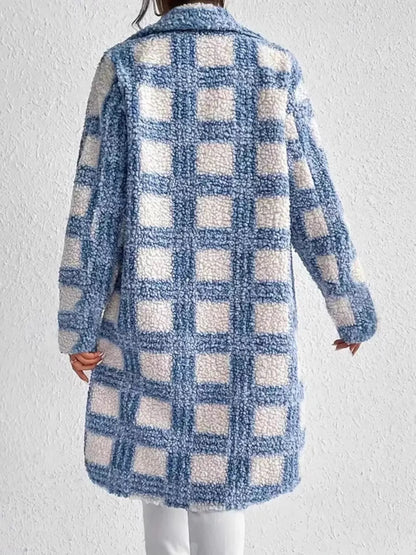 Plaid Button Up Long Sleeve Fleece Coat