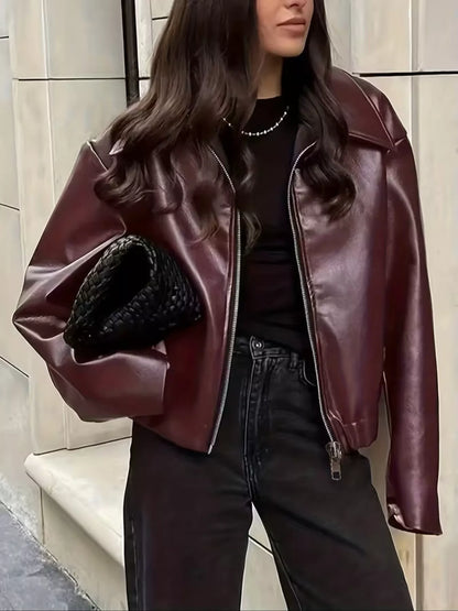 Oversized Faux Leather Zip Up Moto Jacket