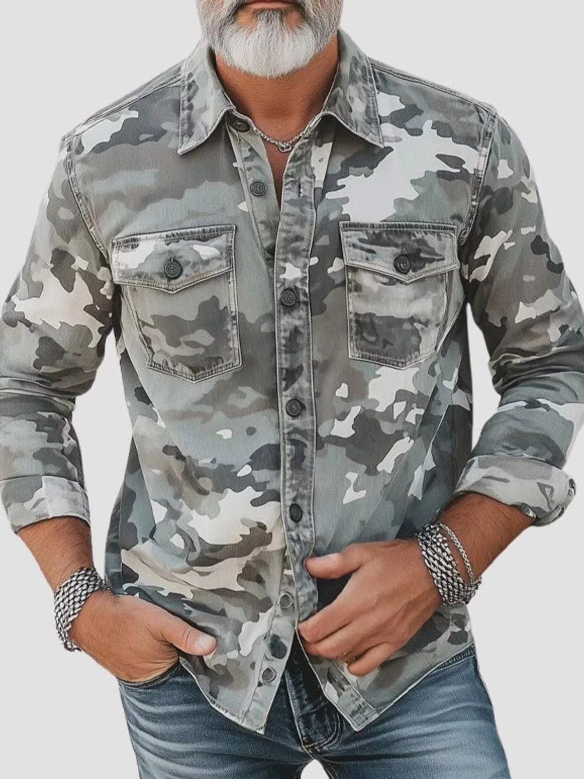 Men's Full Size Camouflage Print Shirt with Dual Chest Pockets Plus Size