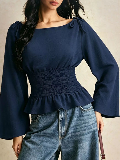 Smocked Waist Flare Sleeve Blouse