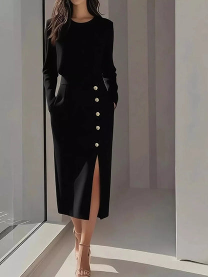 Long Sleeve Button Detail Midi Dress with Side Slit