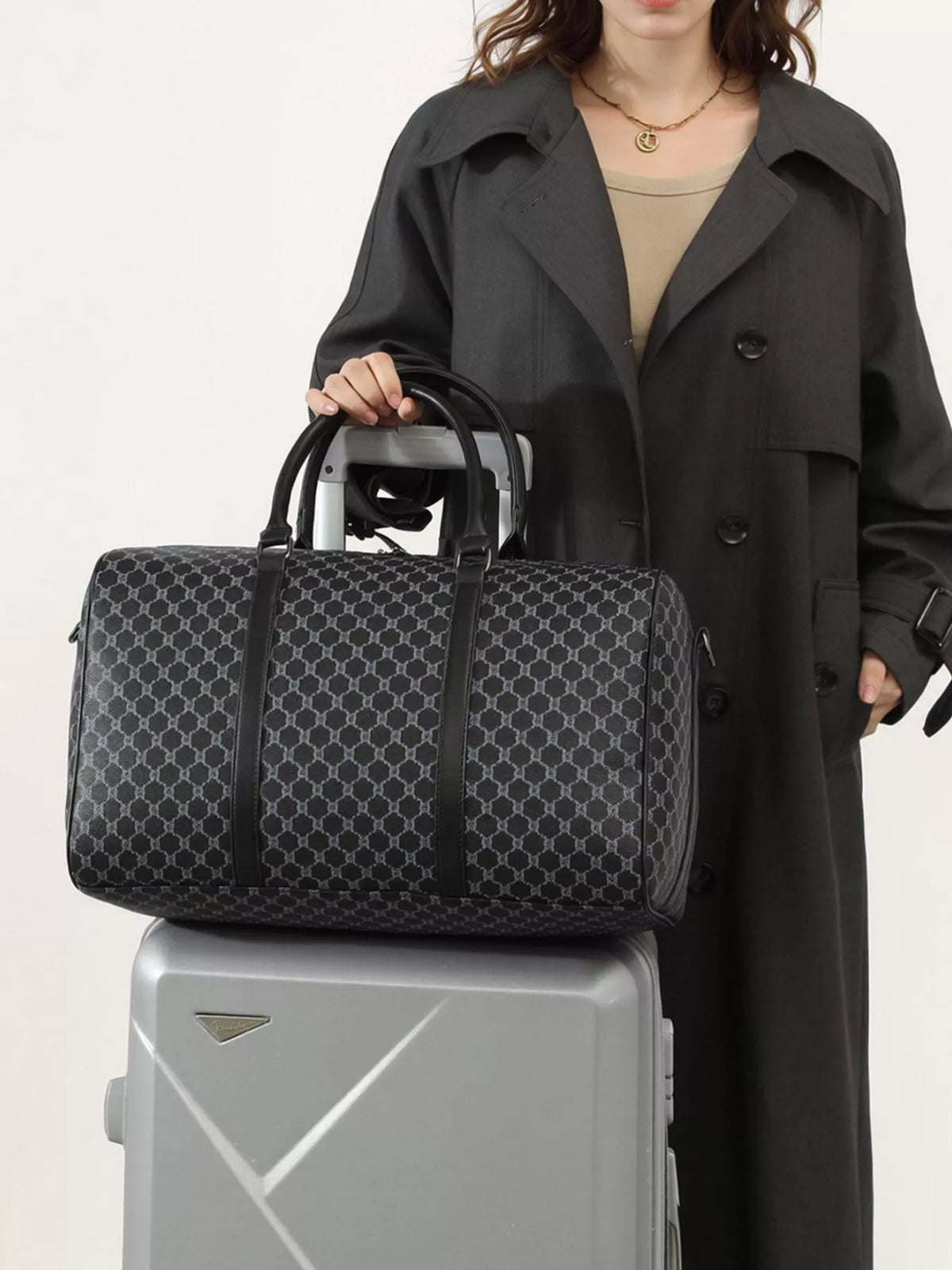 Large PU leather travel duffel for business trips, 17.7 in