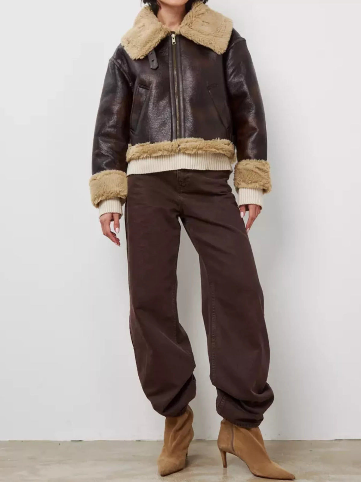 Plush-lined faux leather aviator jacket, view 3