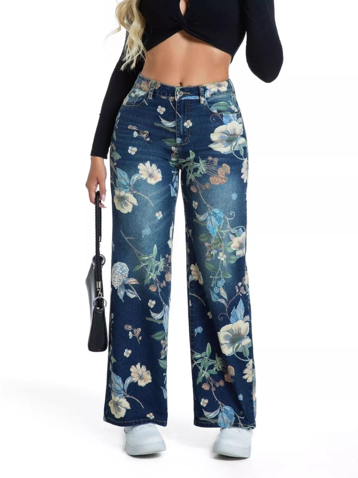 Plus size floral wide-leg jeans, view 3