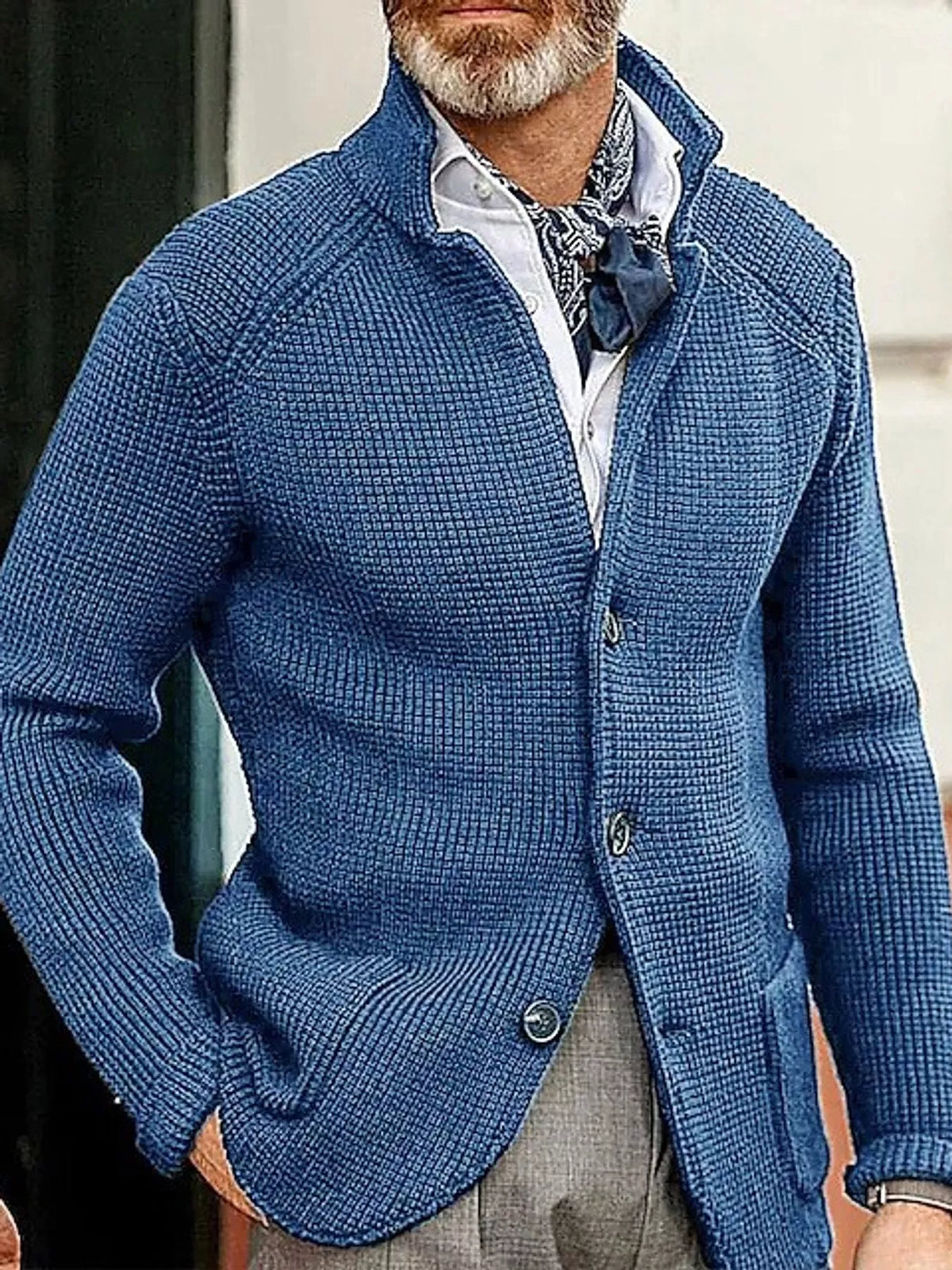 Men's slim-fit knit stand-collar cardigan with pockets