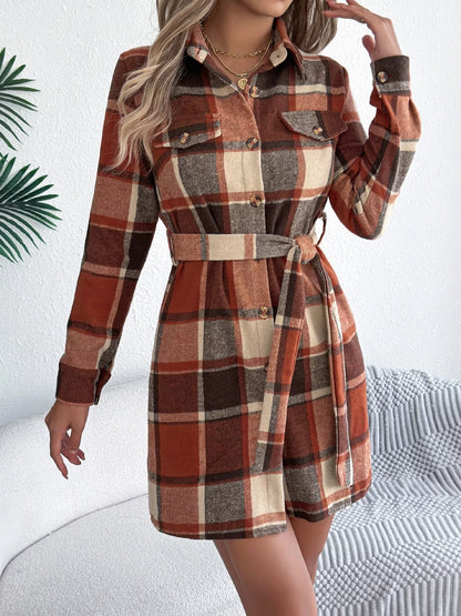 Plaid Button Front Tie Waist Shirt Dress