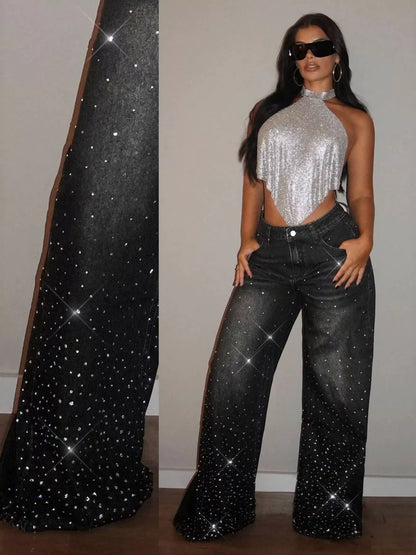 Rhinestone Wide-Leg Jeans