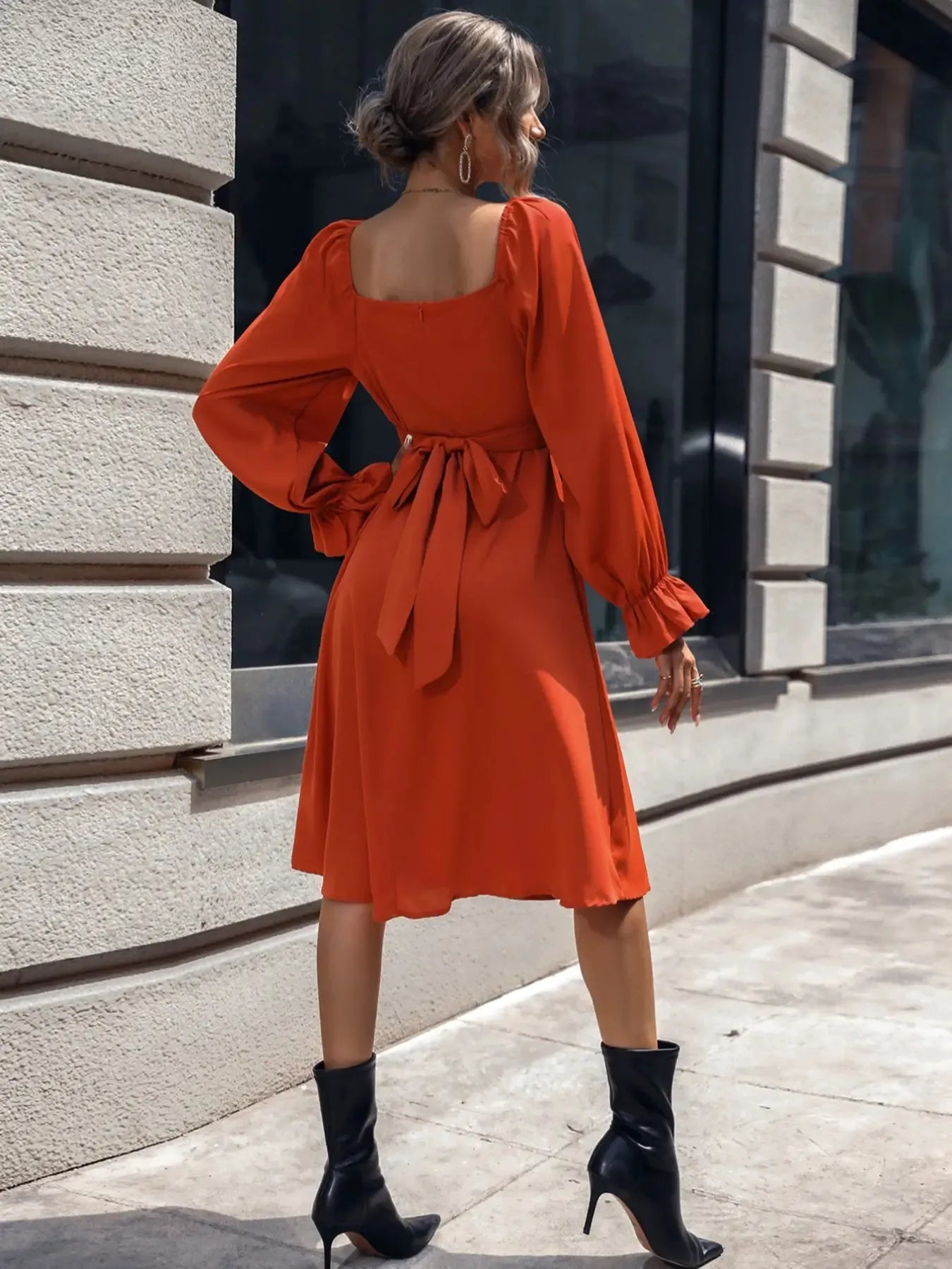 Square Neck Flounce Sleeve Midi Dress